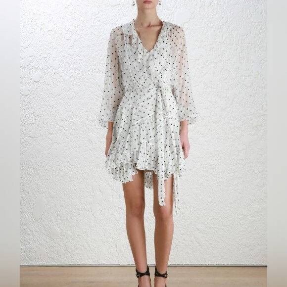 Zimmermann Dresses & Skirts - Zimmermann Adorn White Polka-Dot Silk Ruffle Wrap Dress